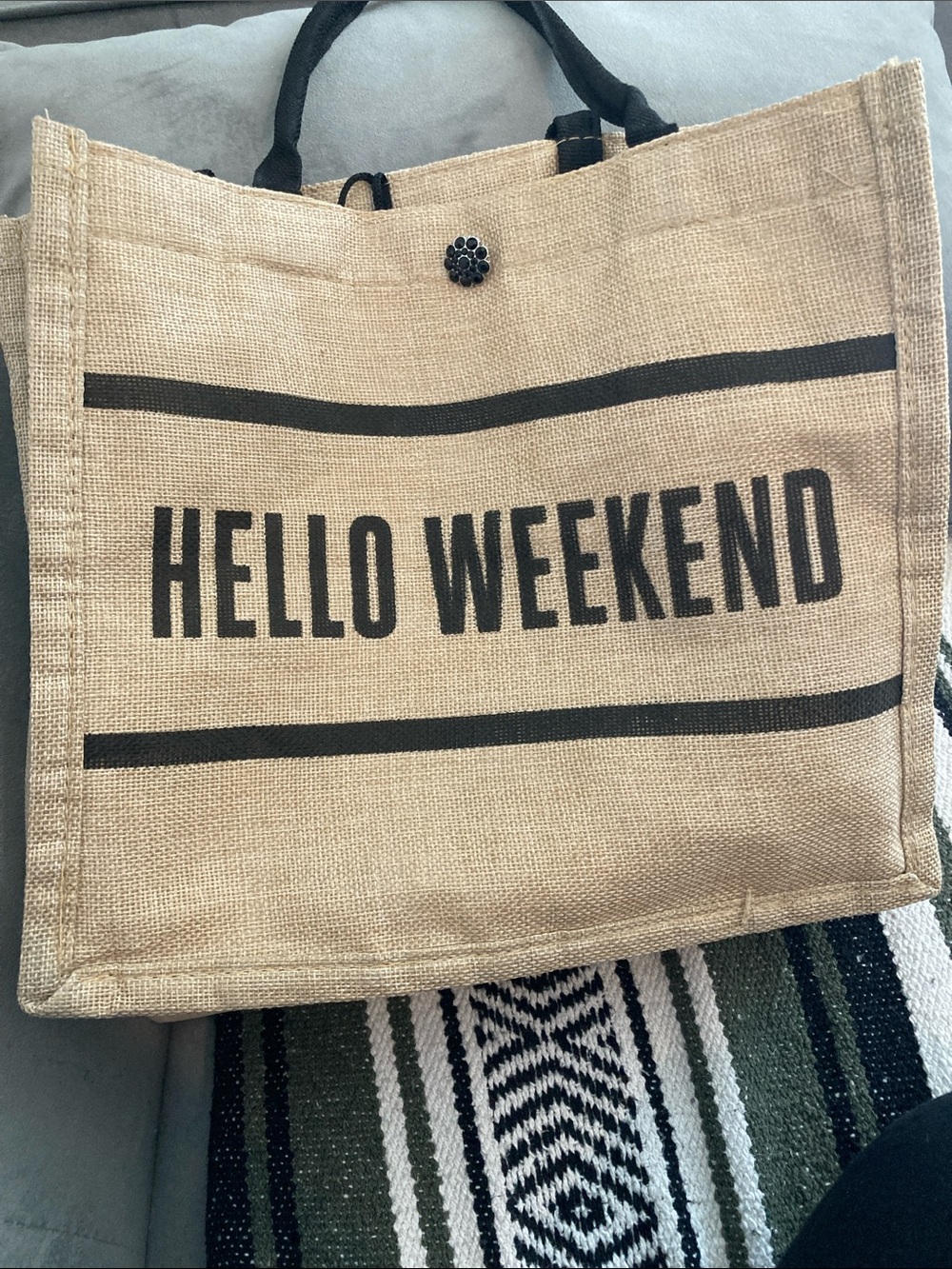 Hello Weekend Jute Tote Bag in Natural with Black Print